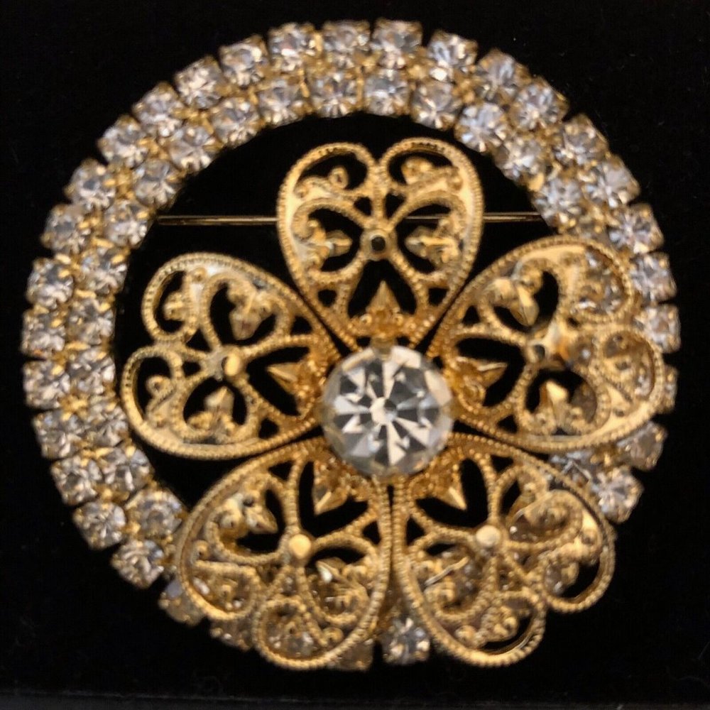 Two Sisters Rhinestone Gold-tone Brooch Pin